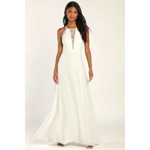 Lulus Romantic Mood White Lace Sleeveless Maxi Dress Size Medium Chiffon Formal